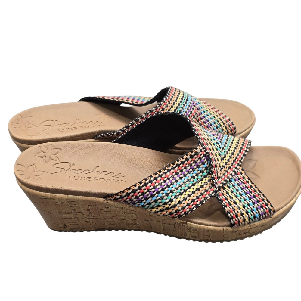 Skechers Luxe Foam Womens 9 Wedge Slide Sandals Multicolor Boho Comfort Coastal - Picture 7 of 7